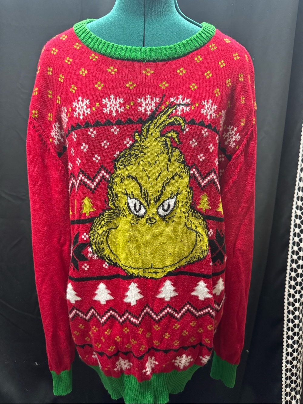 Men's Red Grinch Crewneck Sweater with Green Trim